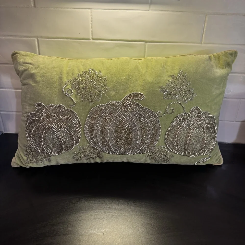 Fall Harvest Beaded Pumpkin Throw‎ Pillow Green With Gold & Silver Beads 14 x 24